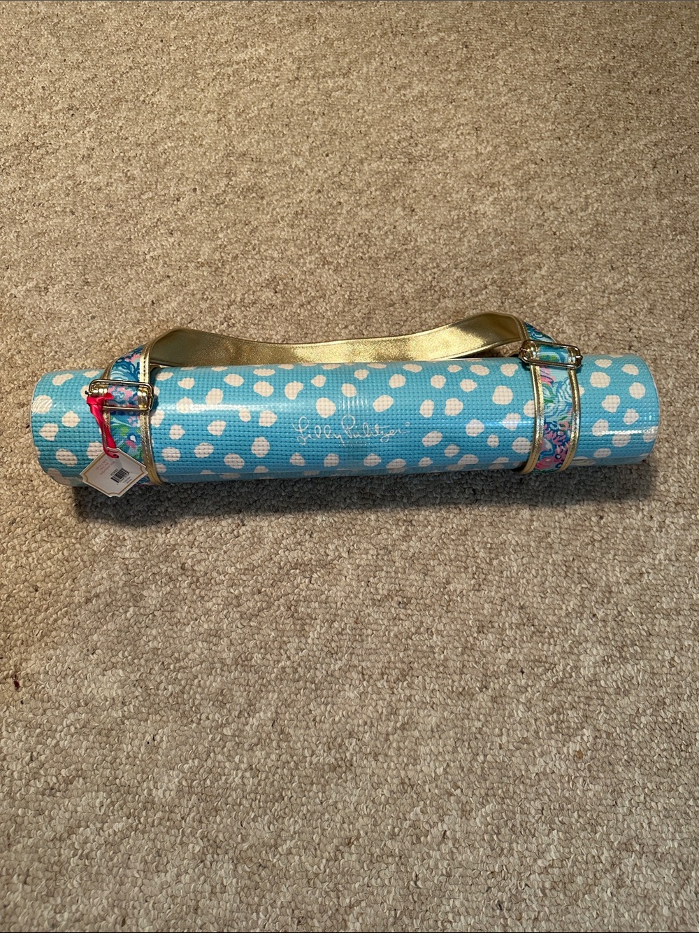 Lilly Pulitzer Light Blue Polka Dot Yoga Mat Carrier with Gold Strap